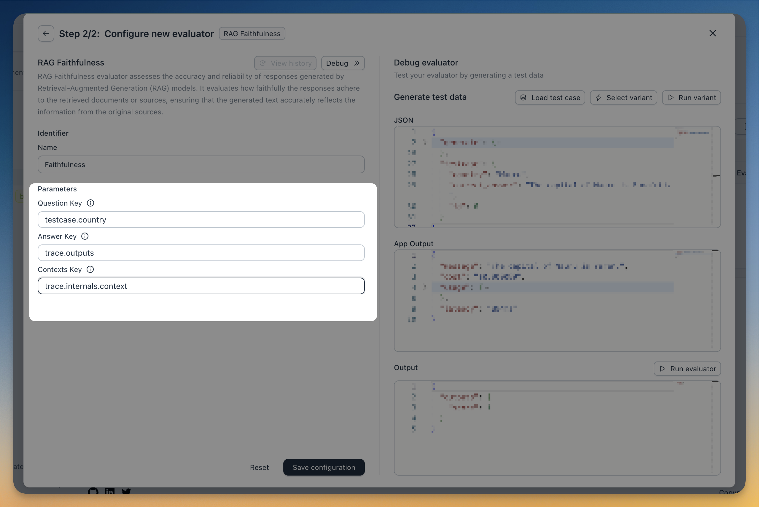 Figure showing how RAGAS faithfulness evaluator is configured in agenta.